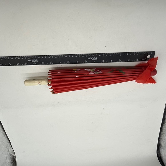 Red Asian Parasol Umbrella Cherry Blossom Bamboo Handle handprinted lot of 2 - Picture 7 of 9